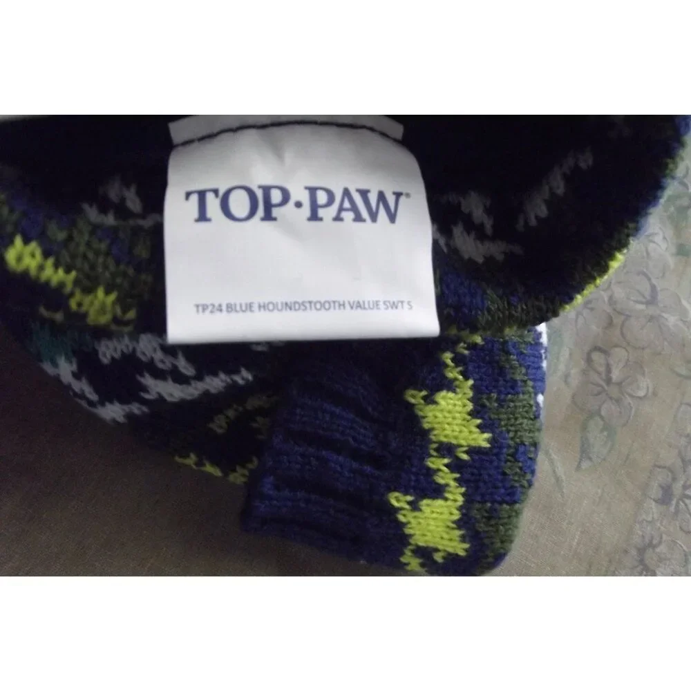 Top Paw Dog Sweater Size Small navy blue houndstooth print green yellow gray